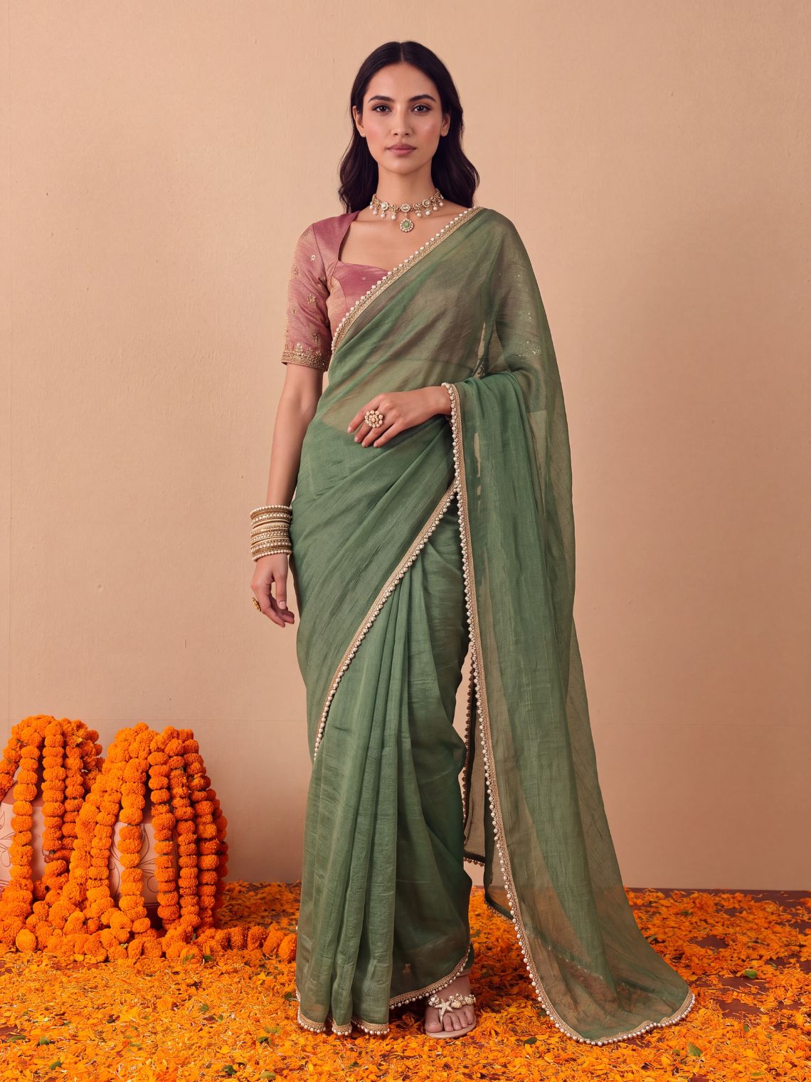 Param Sundari Shimmer Tissue Saree with Lace Detailing & Contrast Blouse Piece - Chowkhat Lifestyle