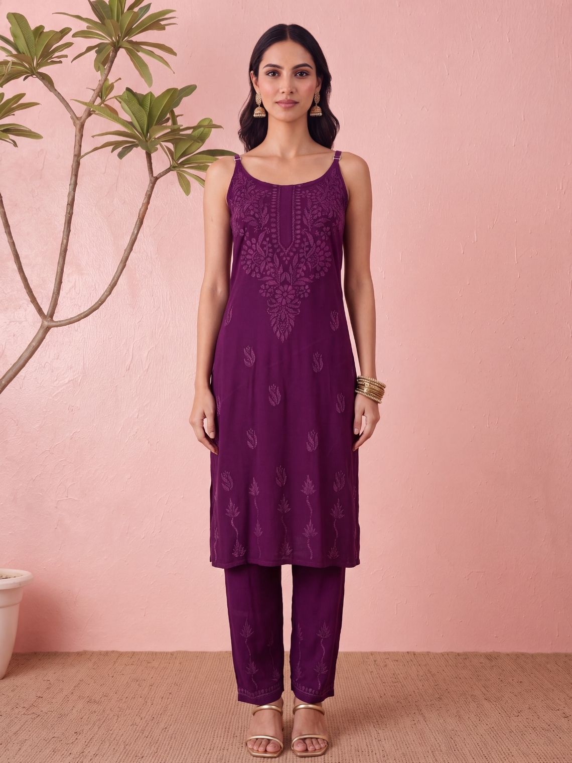 Anamika Rayon Strap Chikankari Kurta & Palazzo set - Chowkhat Lifestyle