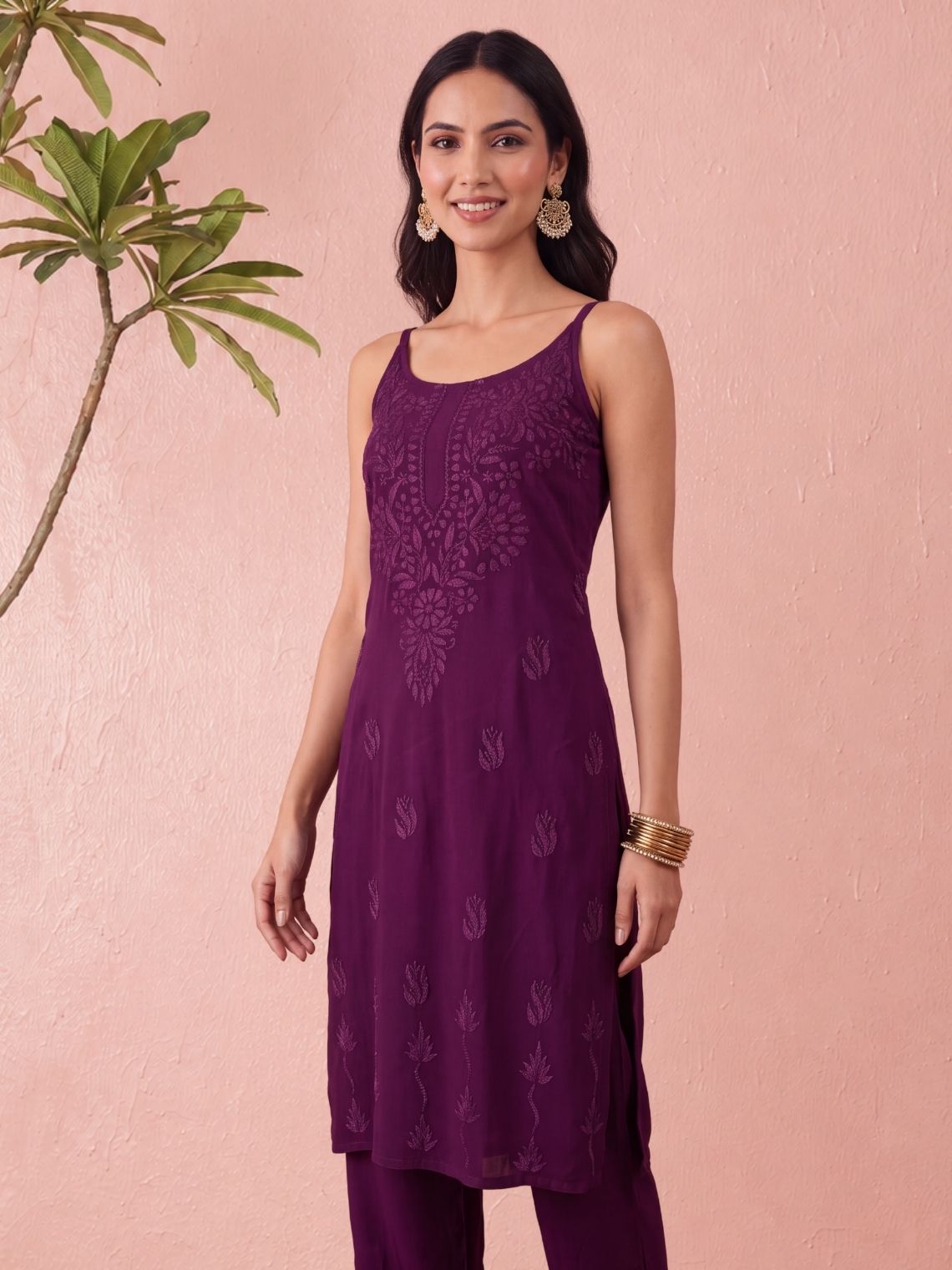 Anamika Rayon Strap Chikankari Kurta & Palazzo set - Chowkhat Lifestyle