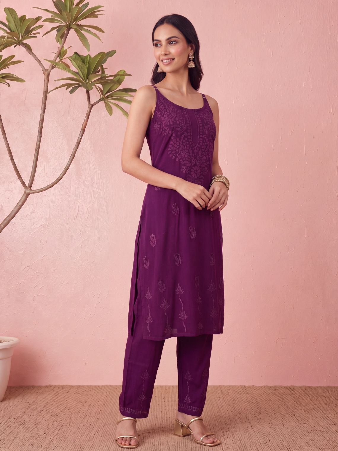 Anamika Rayon Strap Chikankari Kurta & Palazzo set - Chowkhat Lifestyle
