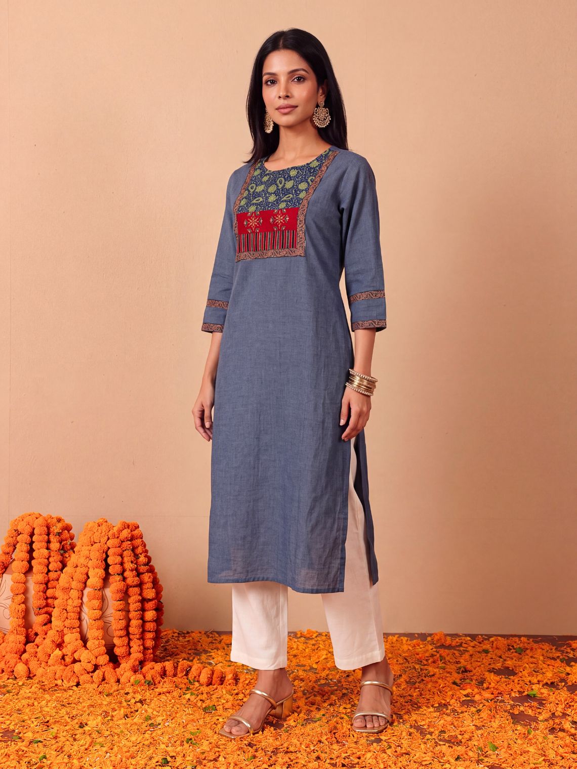 Saanjh Handloom Cotton Straight Kurti with Handwork - Blue - Chowkhat Lifestyle