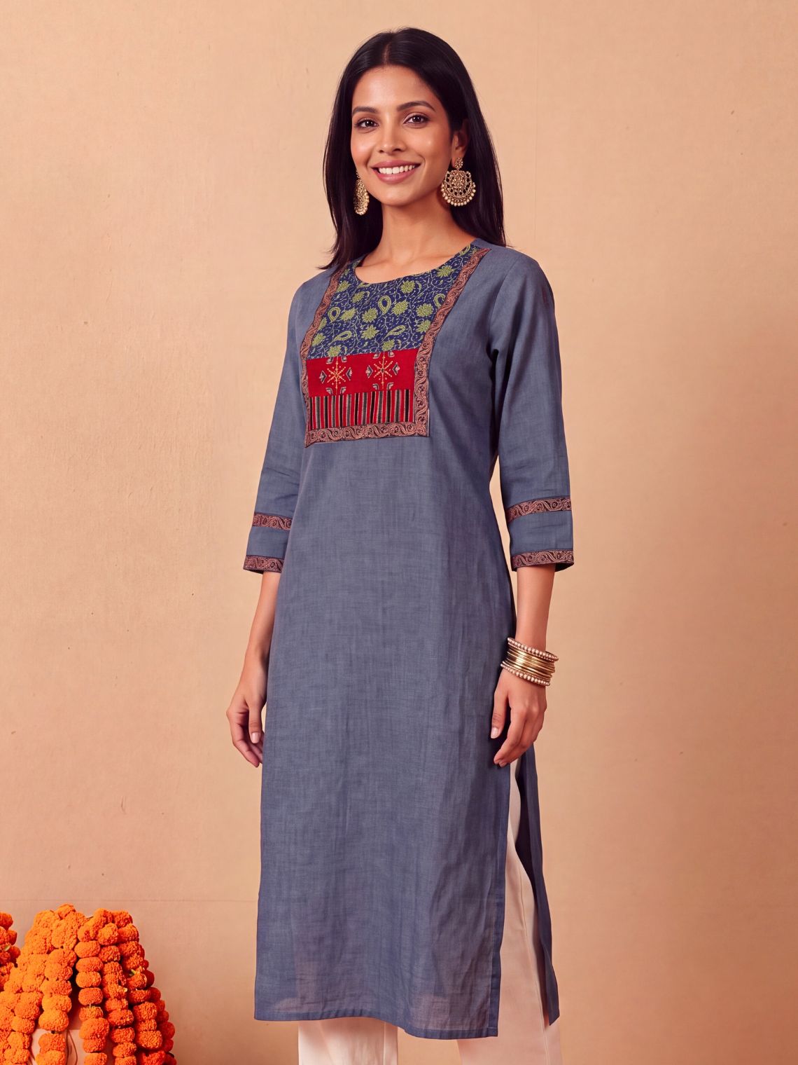 Saanjh Handloom Cotton Straight Kurti with Handwork - Blue - Chowkhat Lifestyle