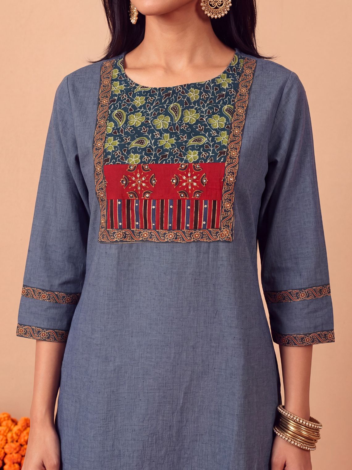 Saanjh Handloom Cotton Straight Kurti with Handwork - Blue - Chowkhat Lifestyle