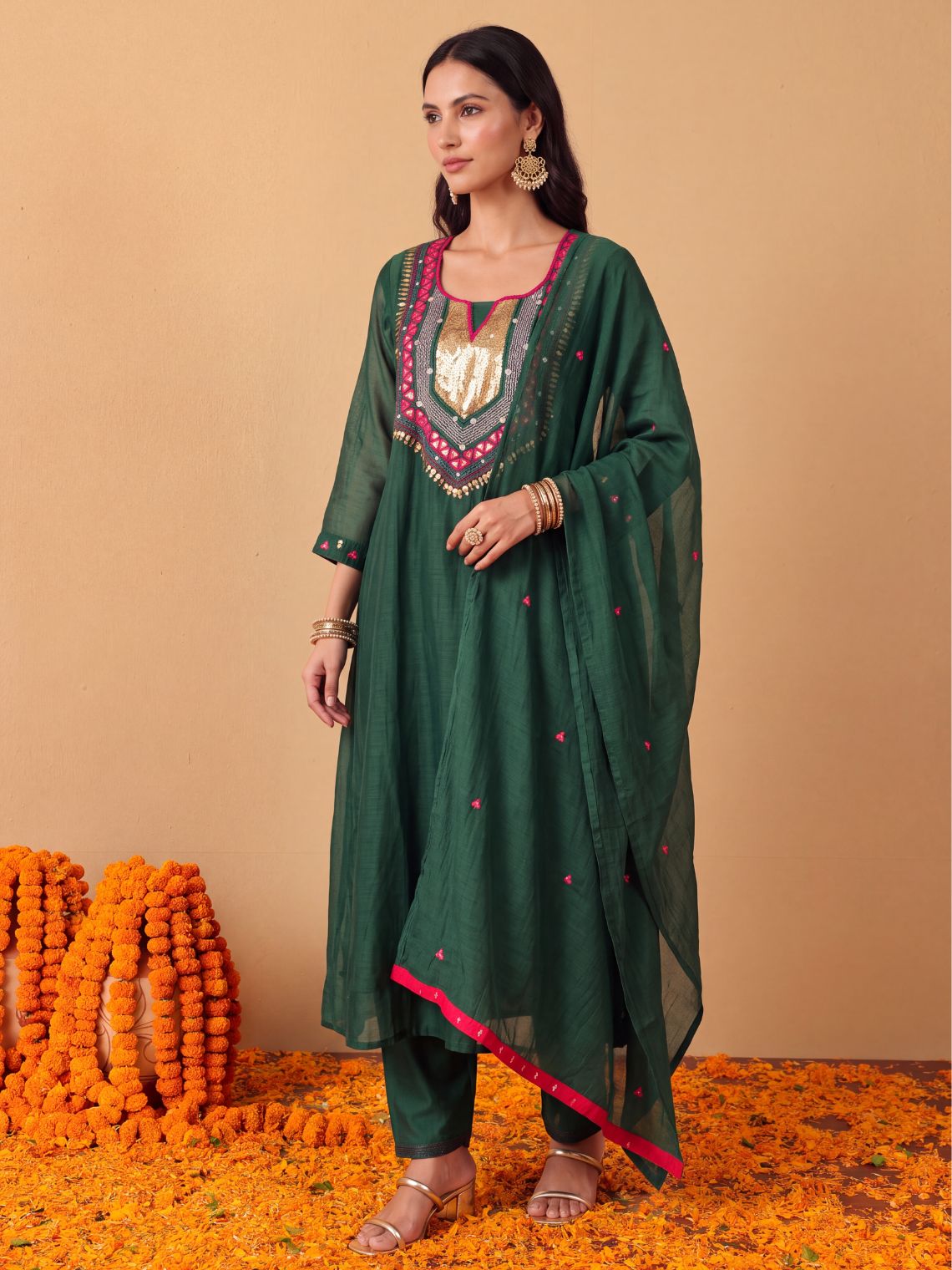 Tulika Mul Chanderi Hand Embroidered A Line 3 Piece Suit set - Chowkhat Lifestyle