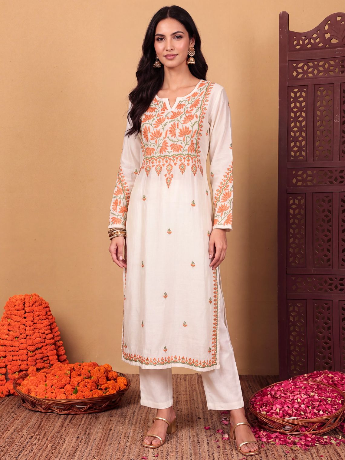 Phool Premium Chanderi Straight Long Chikankari Kurti - Chowkhat Lifestyle