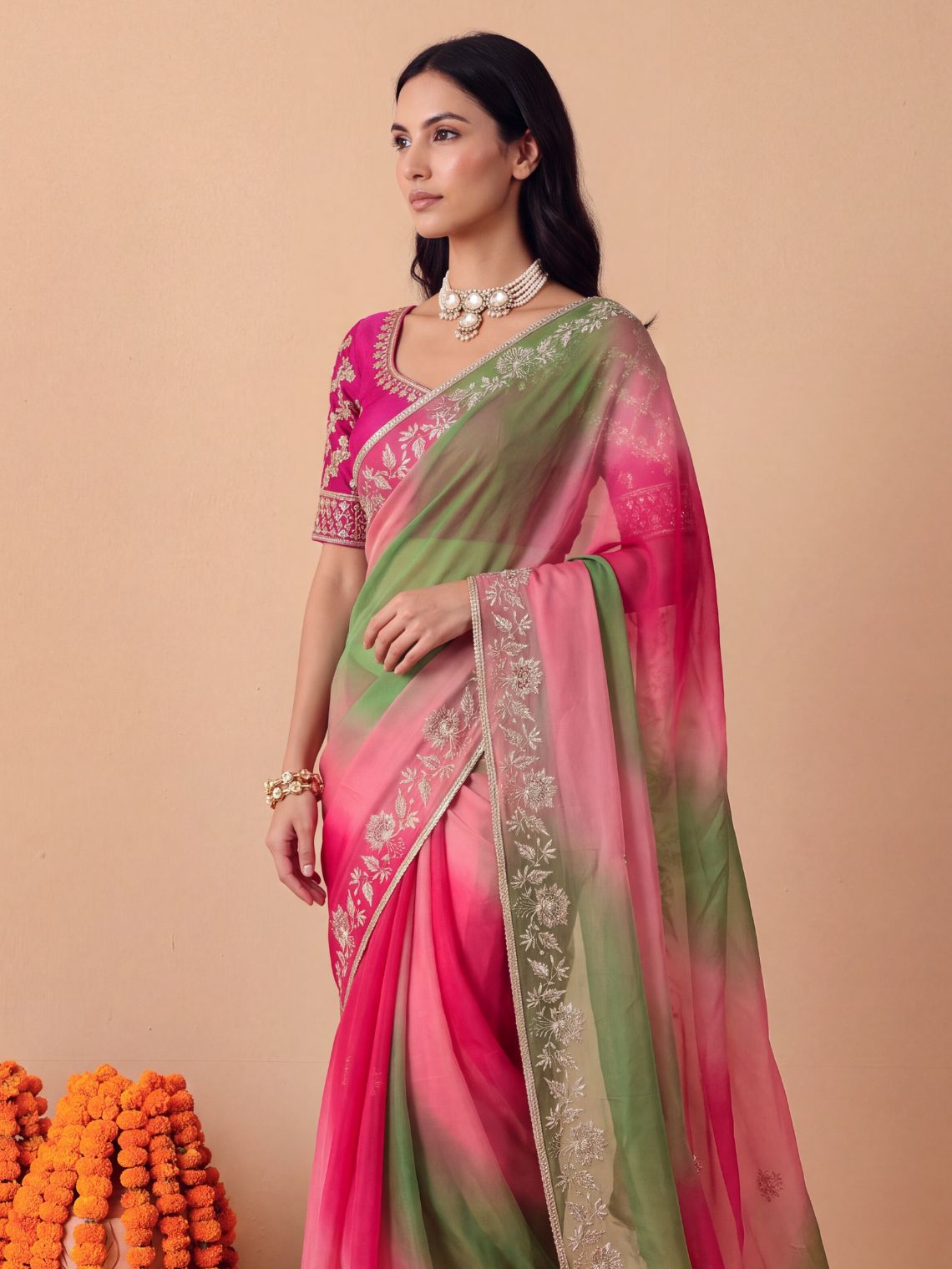 Rhea Hand Embroidered Badla Work Ombre Chiffon Saree with Blouse Piece - Chowkhat Lifestyle