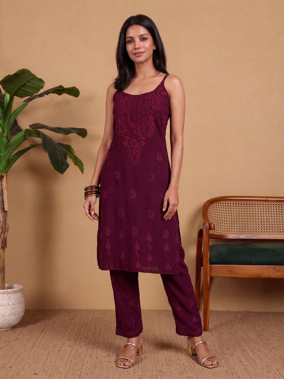 Anamika Rayon Strap Chikankari Kurta & Palazzo Set - Chowkhat Lifestyle