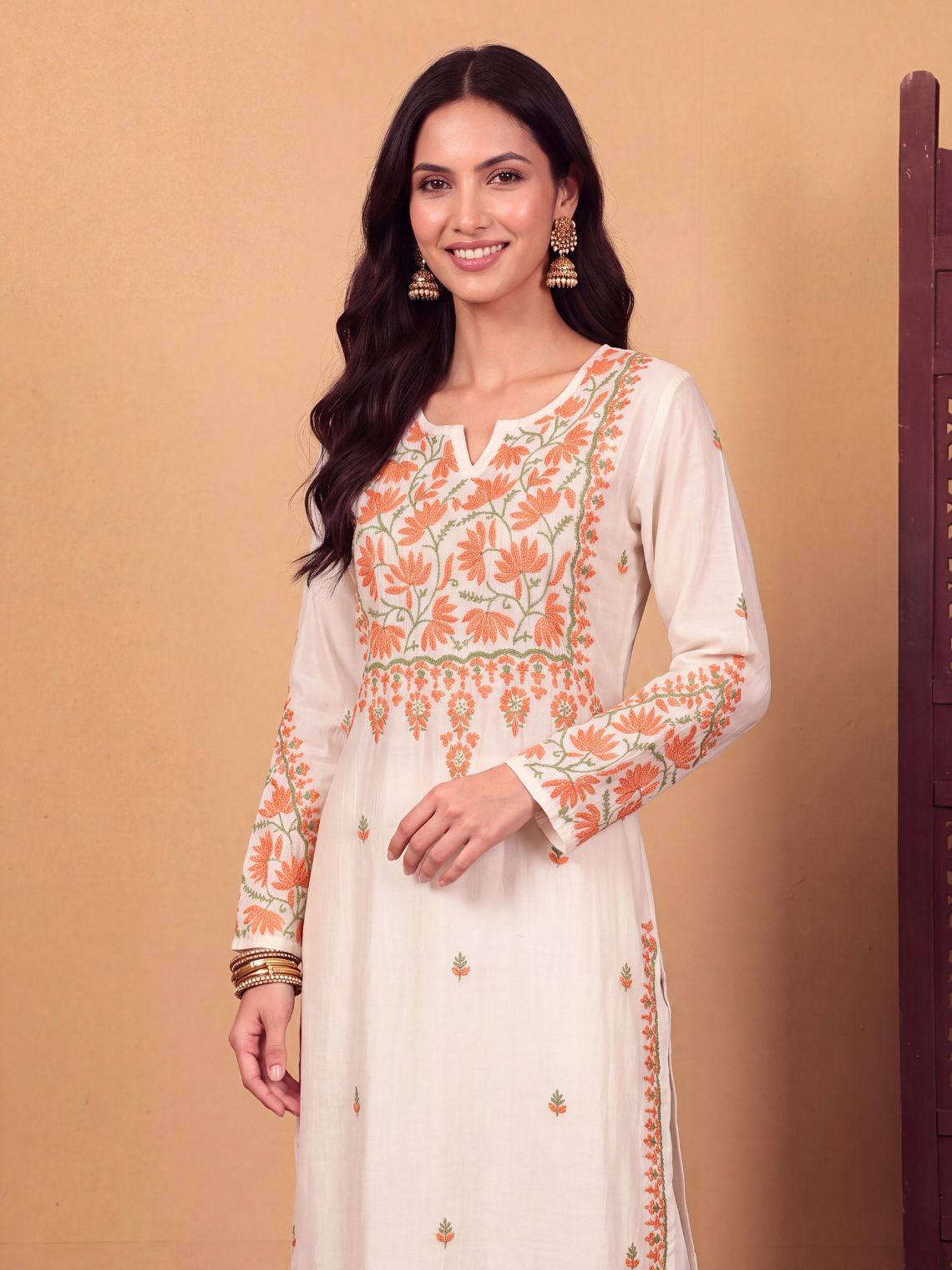 Phool Premium Chanderi Straight Long Chikankari Kurti - Chowkhat Lifestyle