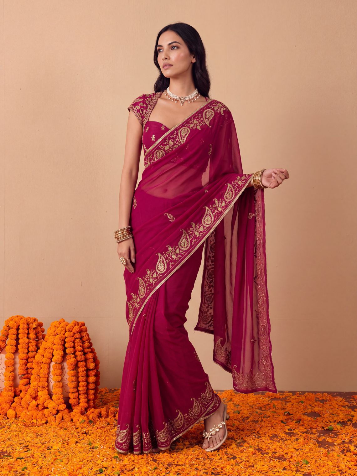 Avani Hand Embroidered Zari Work Chiffon Saree with Blouse Piece - Chowkhat Lifestyle