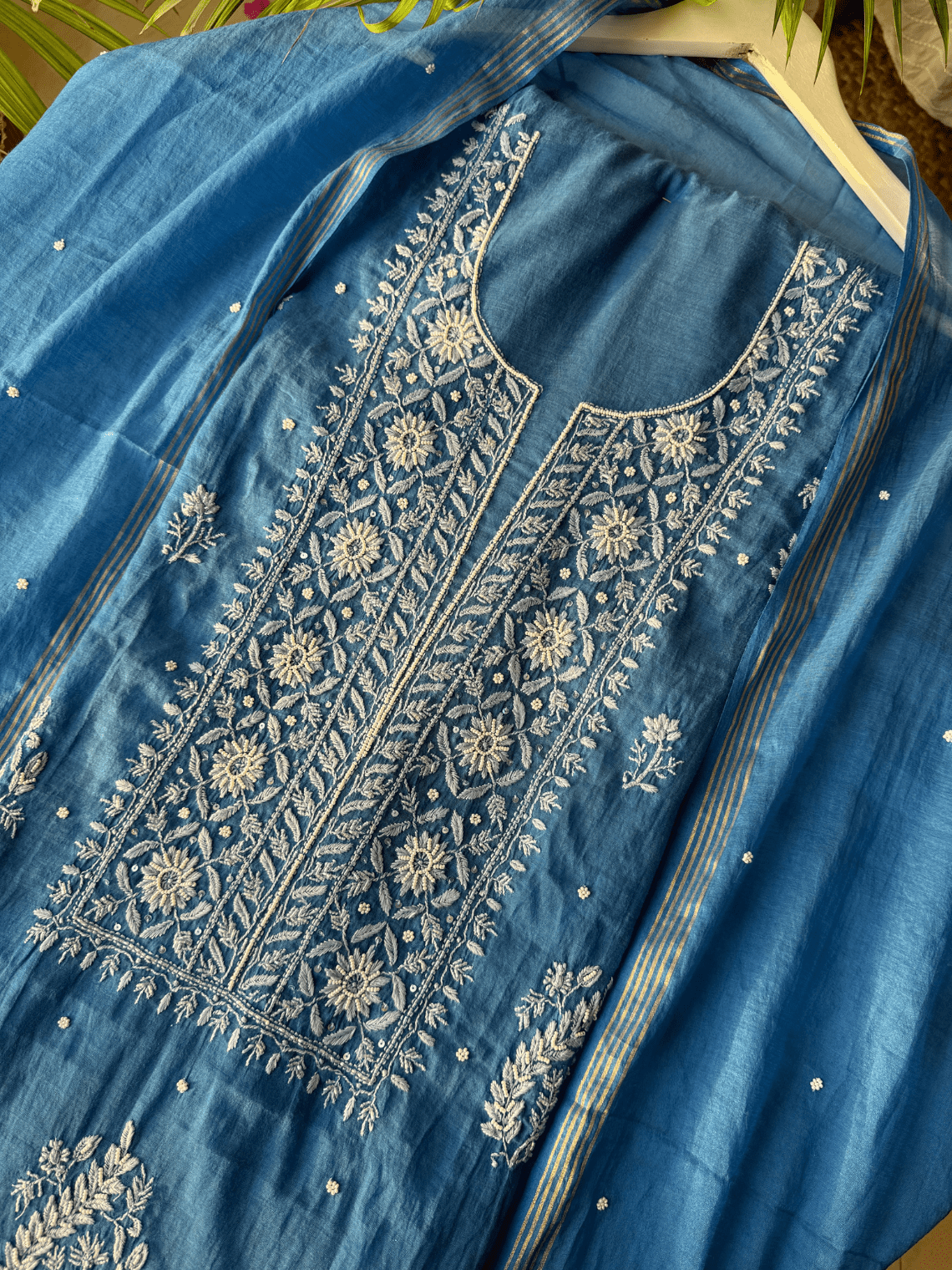 Raunak Hand Embroidered Chikankari Mul Chanderi Unstitched Suit set - Chowkhat Lifestyle