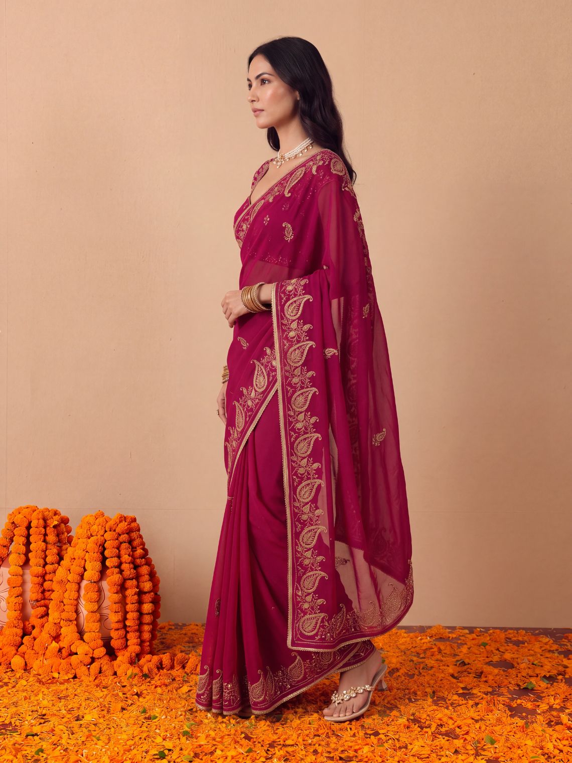Avani Hand Embroidered Zari Work Chiffon Saree with Blouse Piece - Chowkhat Lifestyle