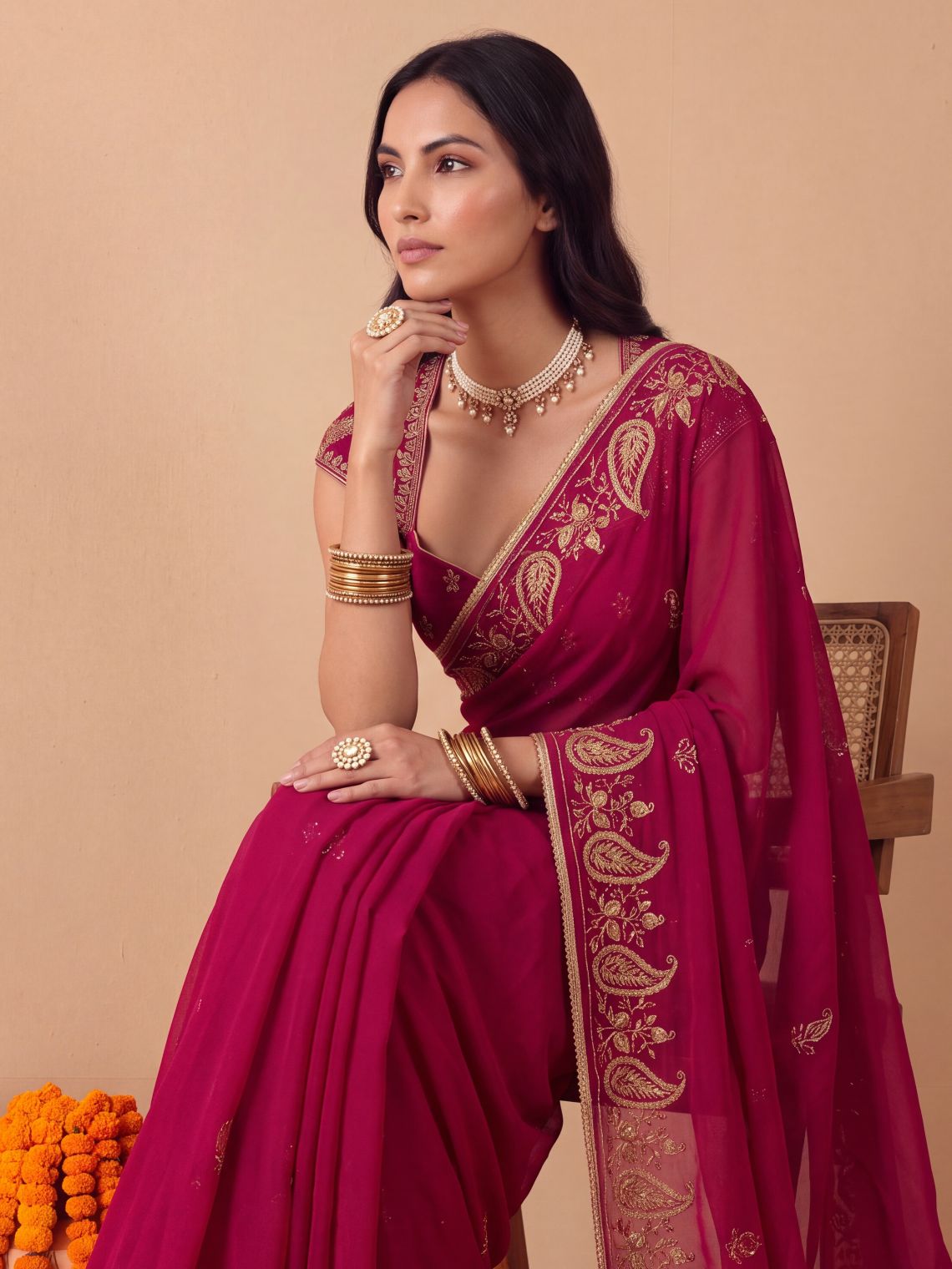 Avani Hand Embroidered Zari Work Chiffon Saree with Blouse Piece - Chowkhat Lifestyle