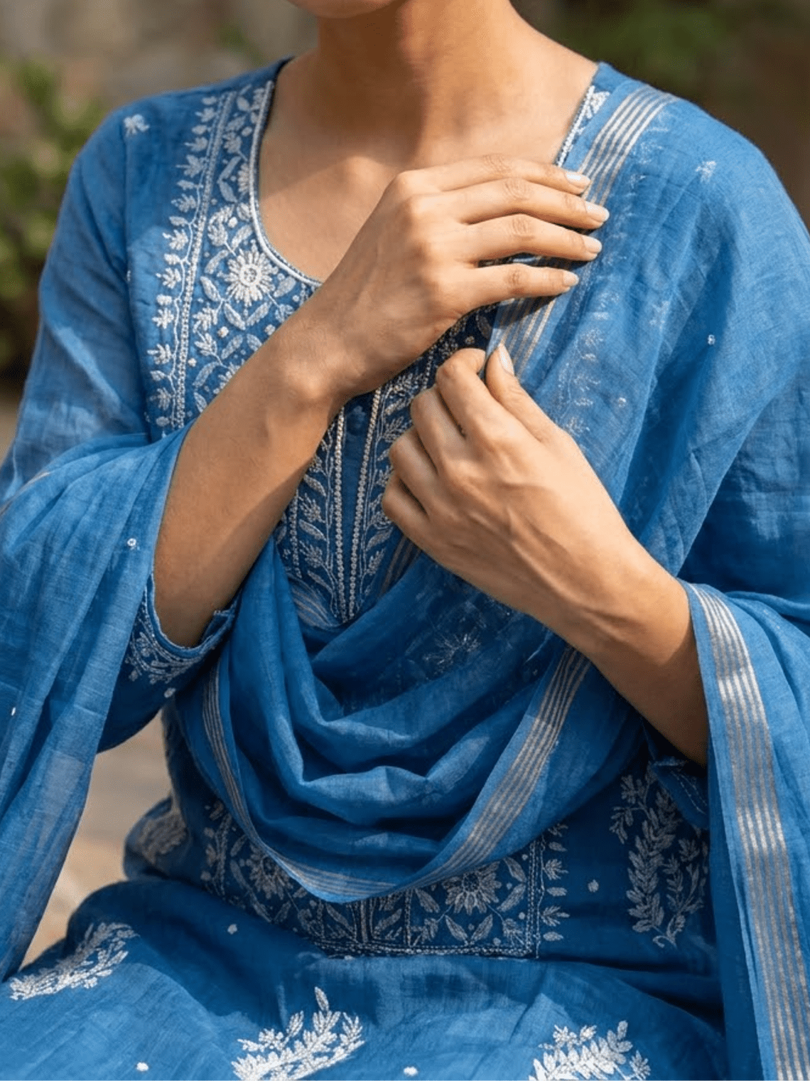 Raunak Hand Embroidered Chikankari Mul Chanderi Unstitched Suit set - Chowkhat Lifestyle