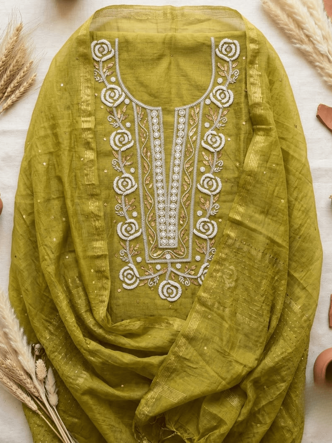 Nazakat Hand Embroidered Pearl and Mukaish Work Unstitched Suit set - Chowkhat Lifestyle