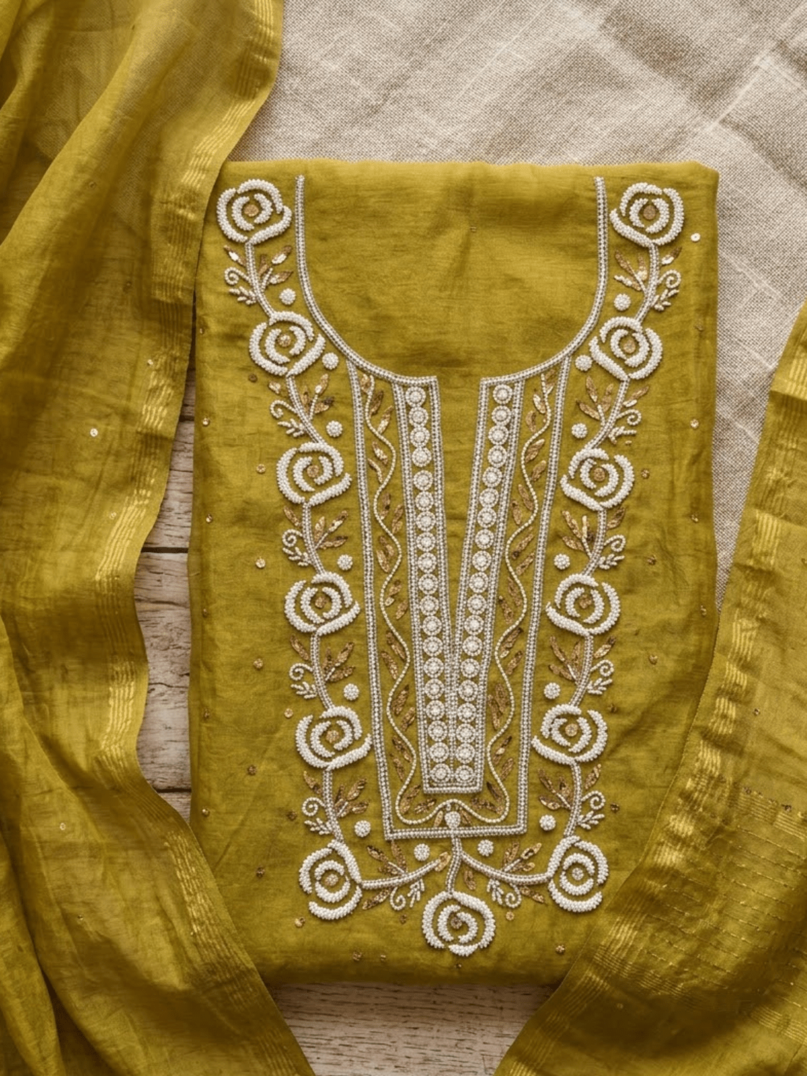 Nazakat Hand Embroidered Pearl and Mukaish Work Unstitched Suit set - Chowkhat Lifestyle