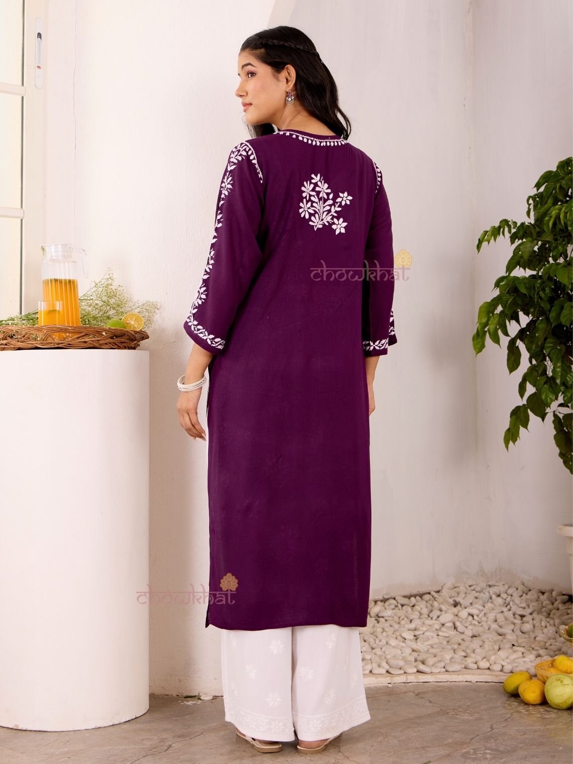 Navya Rayon Straight Chikankari Kurti with Lace - Chowkhat Lifestyle