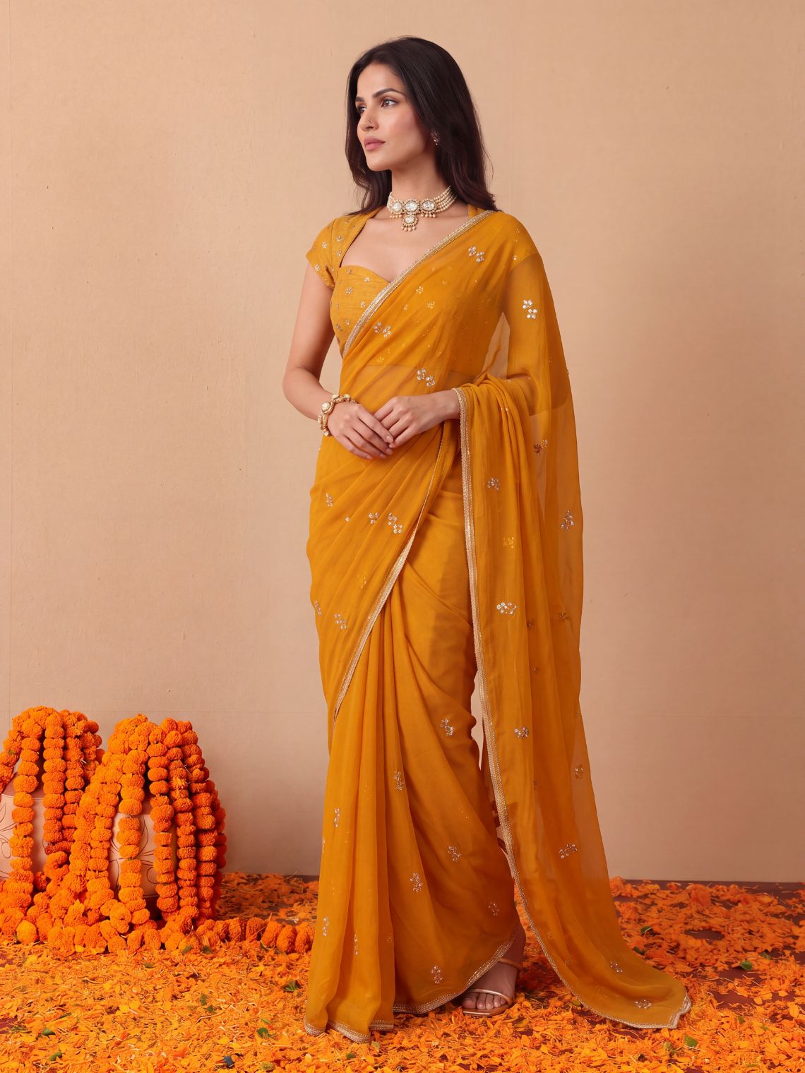 Shagun Hand Embroidered Kasab Work Chiffon Saree with Blouse Piece - Chowkhat Lifestyle