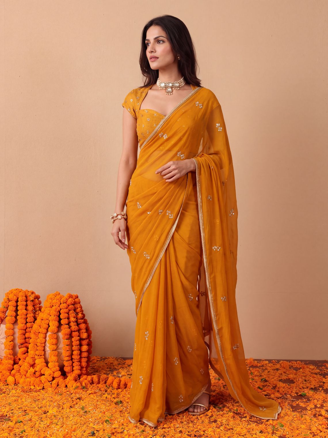 Shagun Hand Embroidered Kasab Work Chiffon Saree with Blouse Piece - Chowkhat Lifestyle