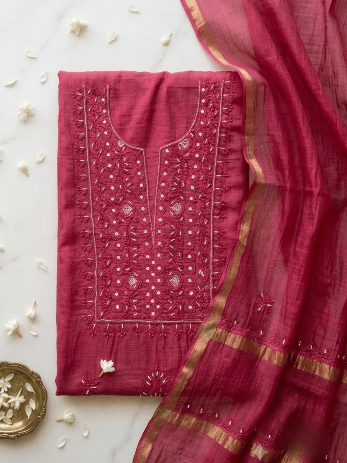 Sreeja Hand Embroidered Chikankari Mul Chanderi Unstitched Suit set - Chowkhat Lifestyle
