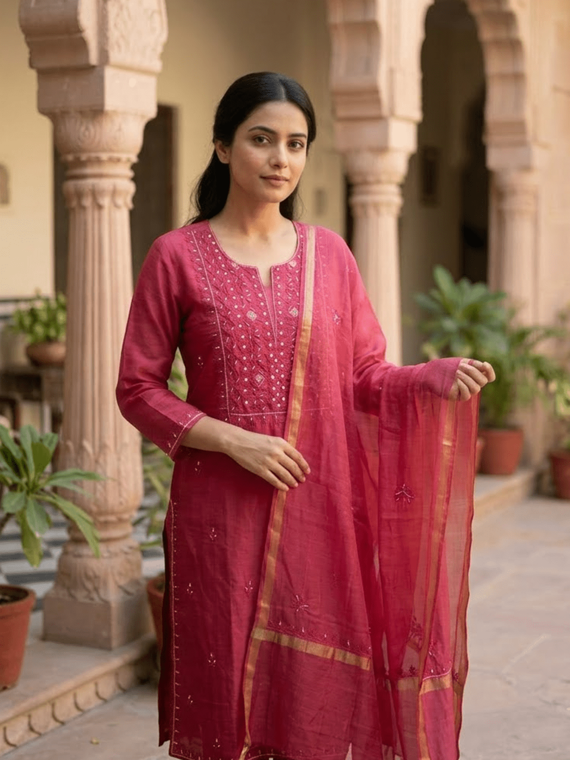 Sreeja Hand Embroidered Chikankari Mul Chanderi Unstitched Suit set - Chowkhat Lifestyle