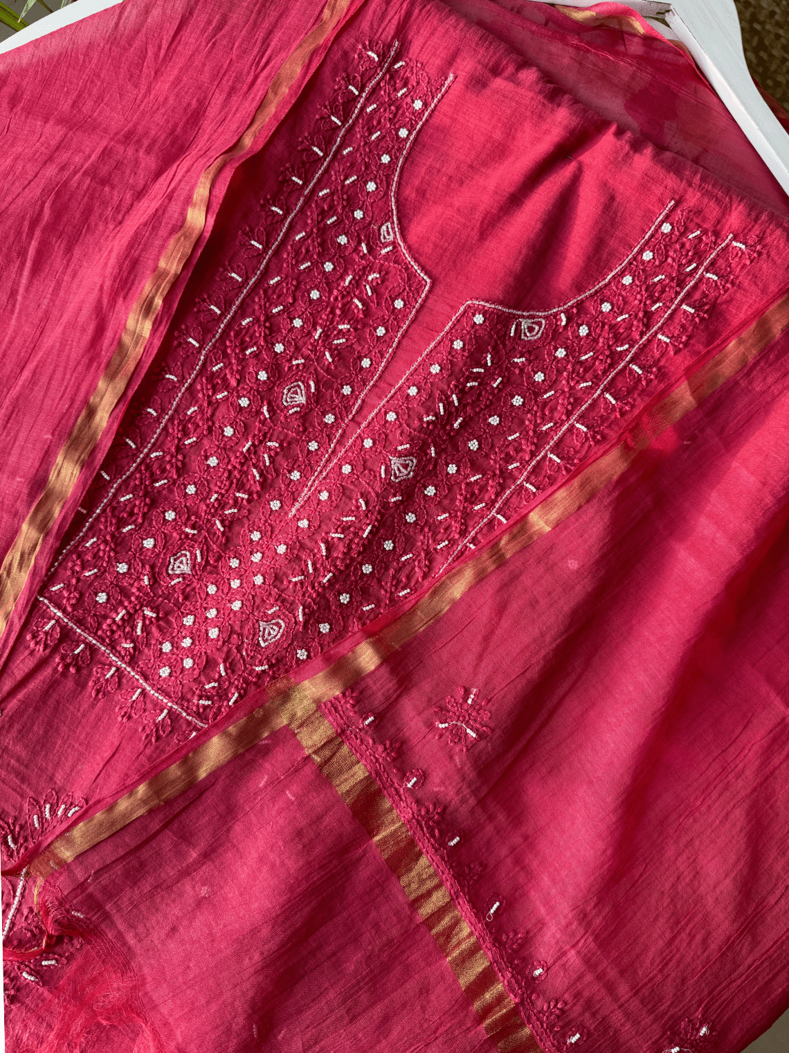 Sreeja Hand Embroidered Chikankari Mul Chanderi Unstitched Suit set - Chowkhat Lifestyle