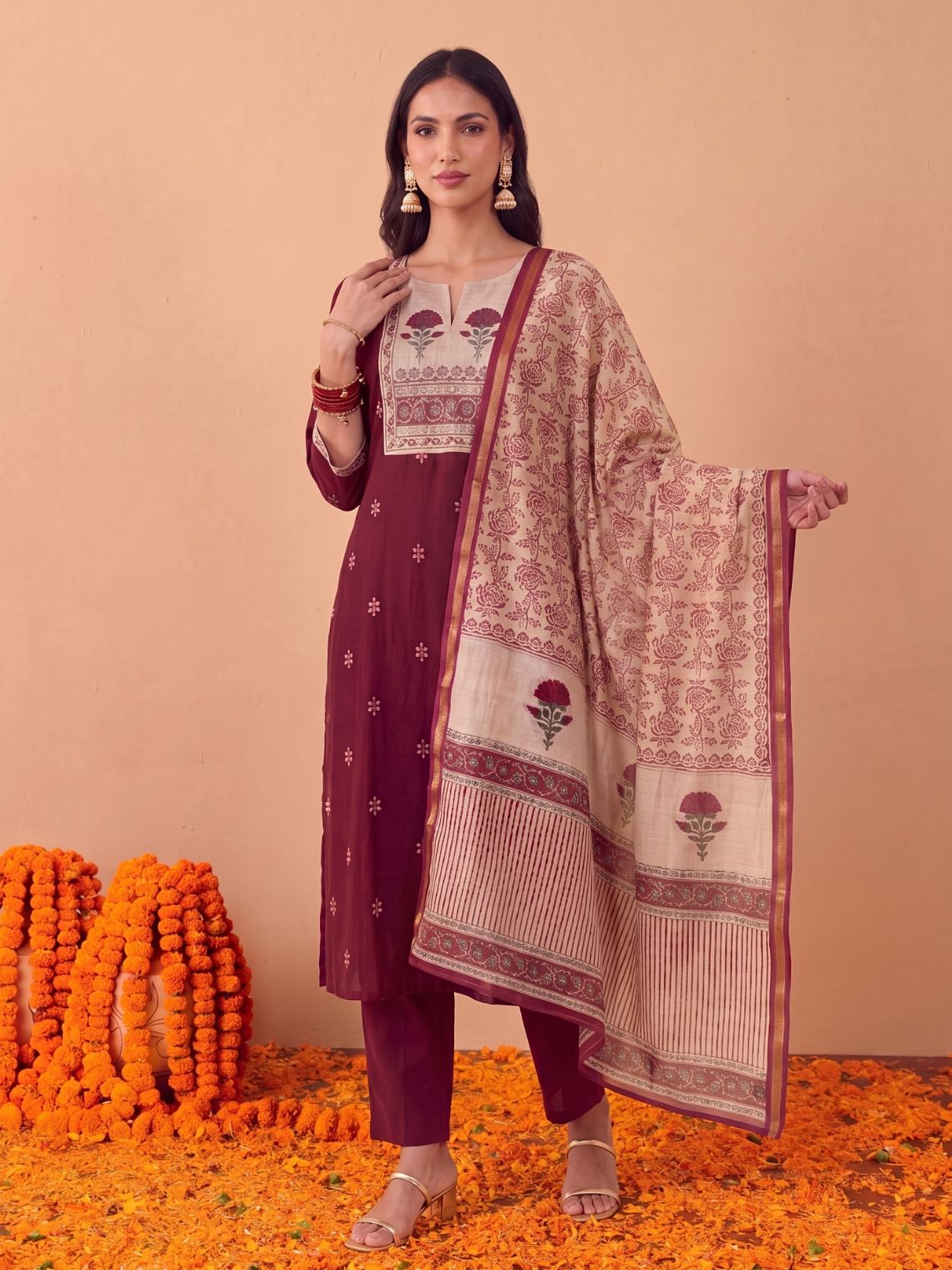 Saanjh Handloom Cotton 3 Piece Stitched Suit Set with hand block & Handwork - Red - Chowkhat Lifestyle