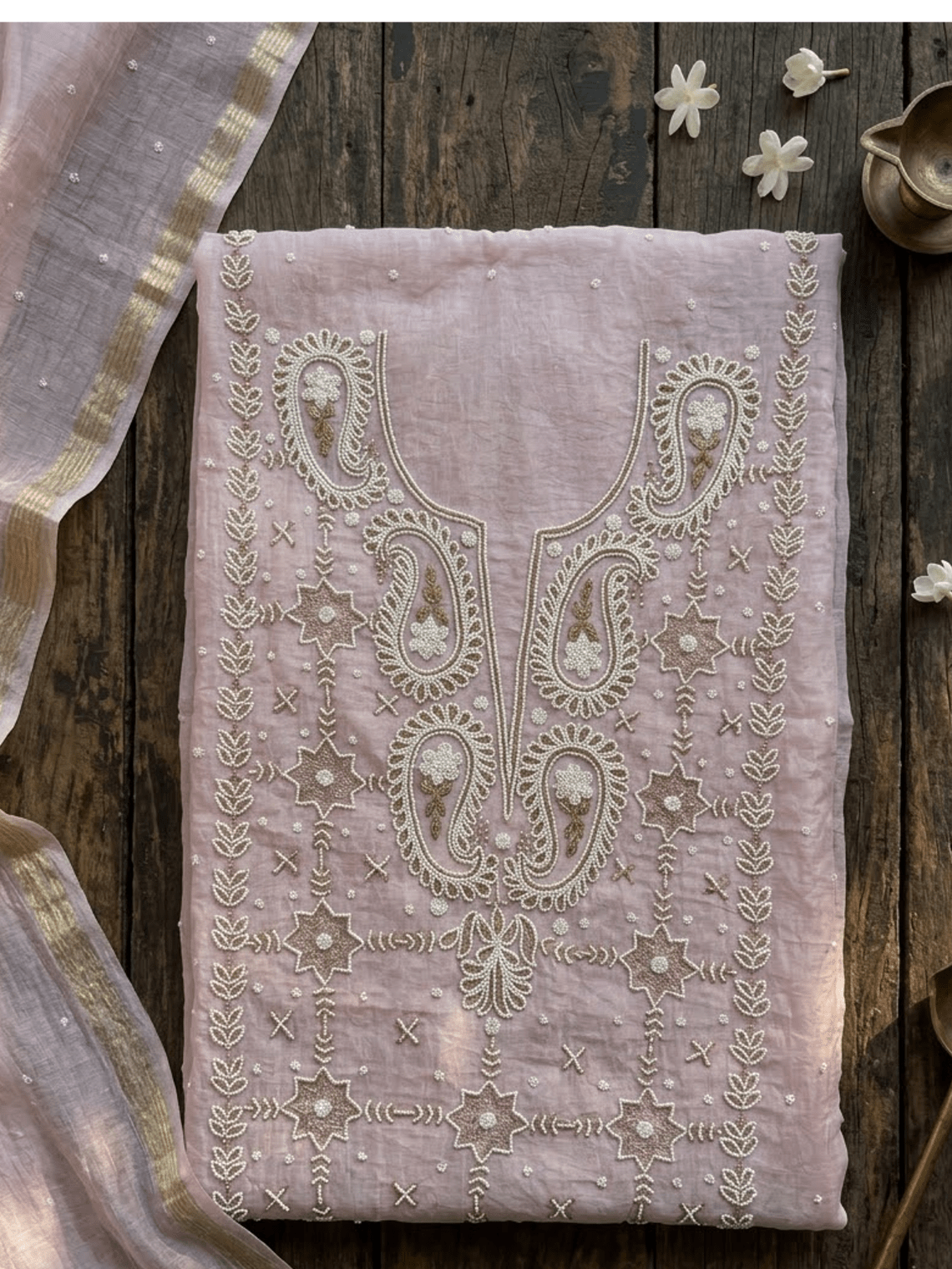 Jalsa Hand Embroidered Pearl and Kasab Work Mul Chanderi Unstitched Suit set - Chowkhat Lifestyle