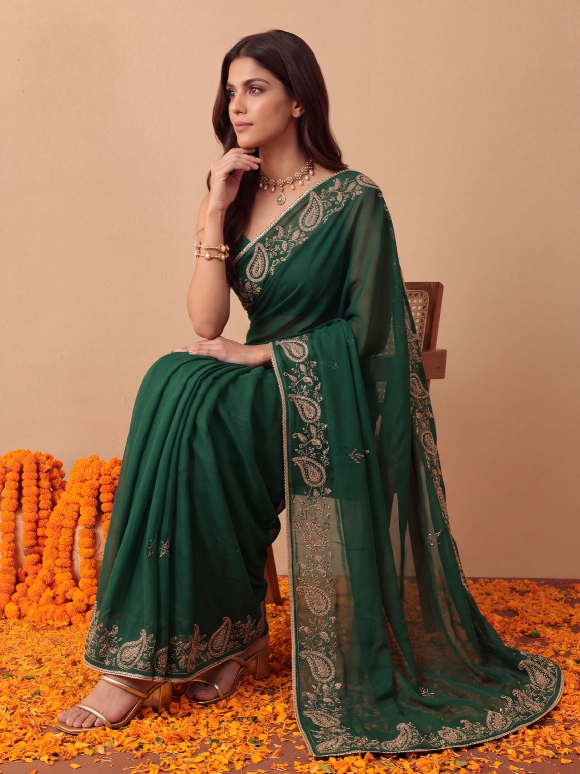 Avani Hand Embroidered Zari Work Chiffon Saree with Blouse Piece - Chowkhat Lifestyle