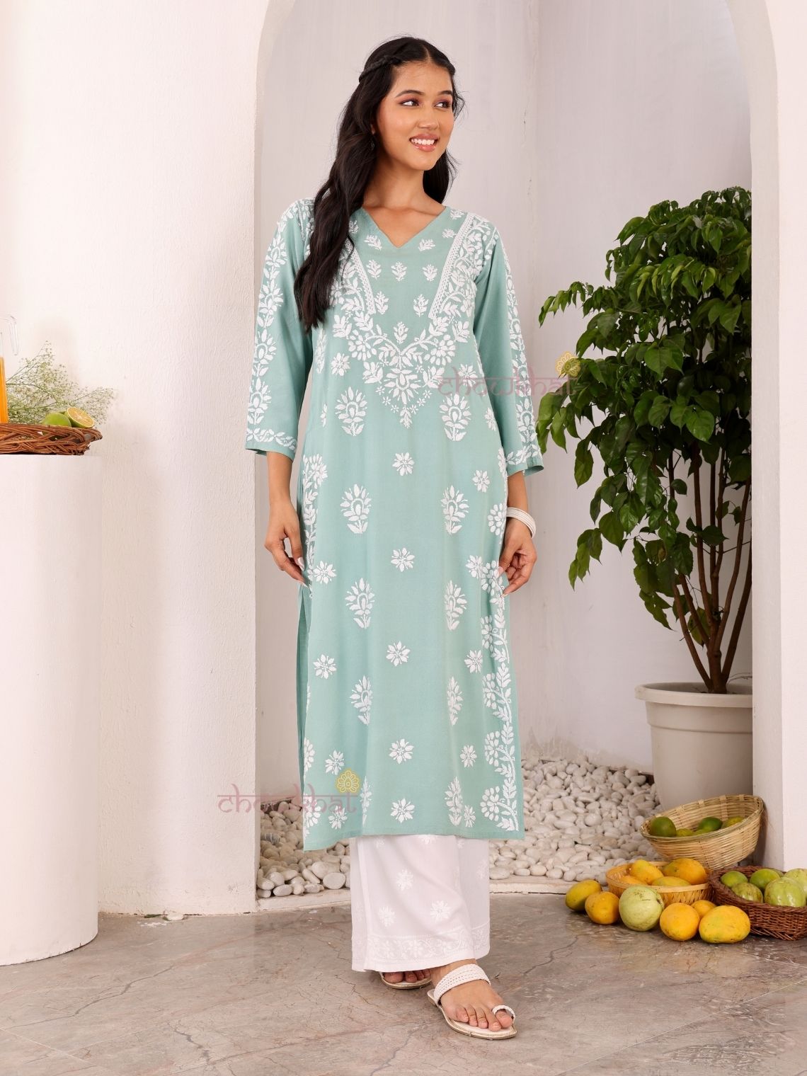 Navya Rayon Straight Chikankari Kurti with Lace