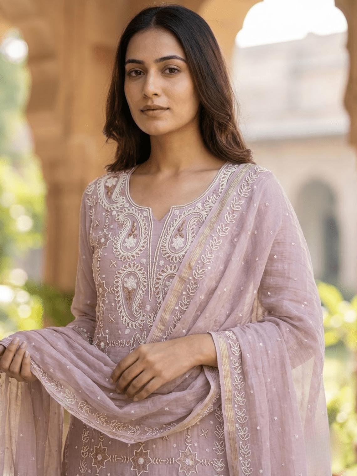 Jalsa Hand Embroidered Pearl and Kasab Work Mul Chanderi Unstitched Suit set - Chowkhat Lifestyle