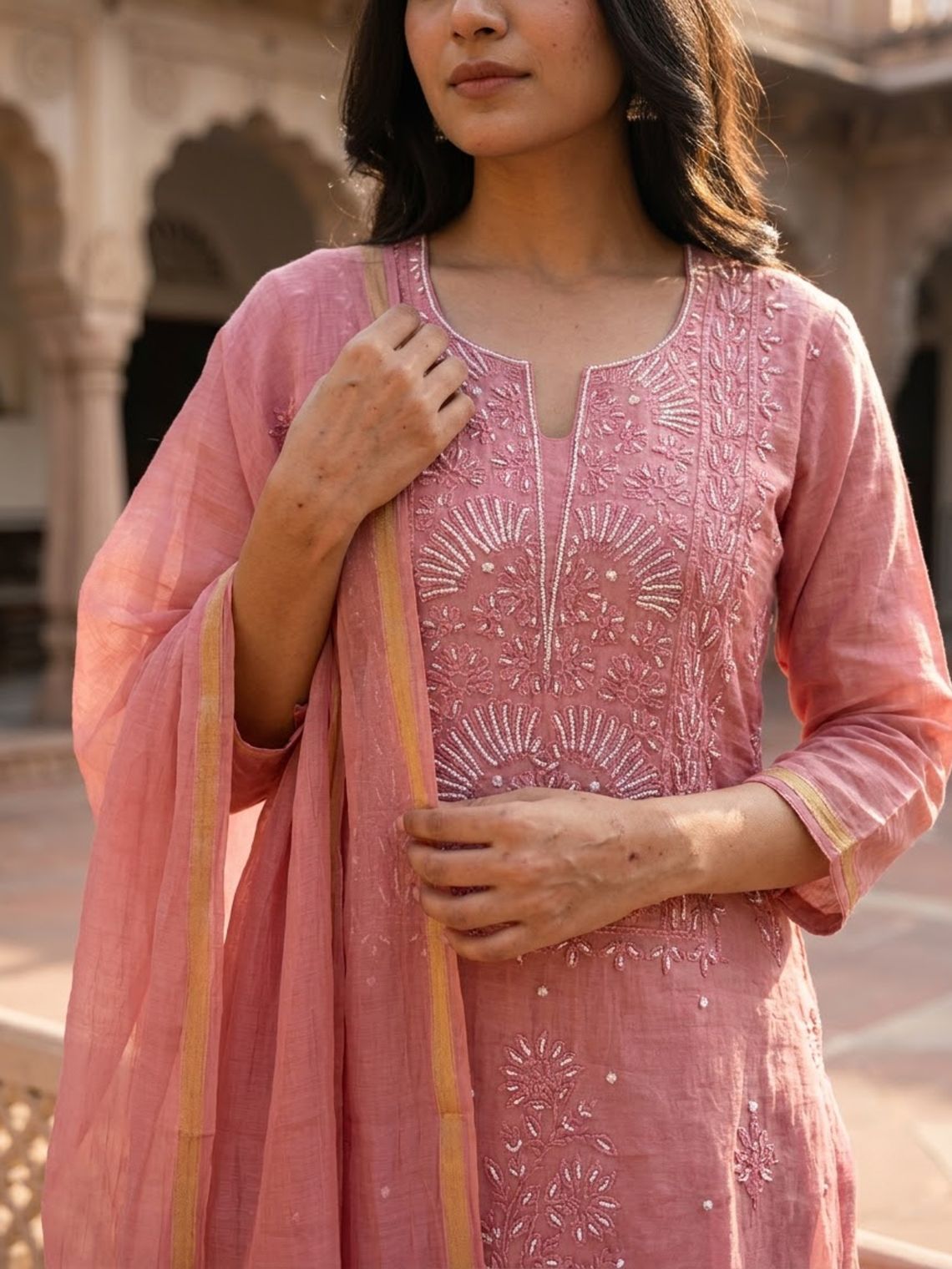 Sreeja Hand Embroidered Chikankari Mul Chanderi Unstitched 3 Piece Suit set - Chowkhat Lifestyle