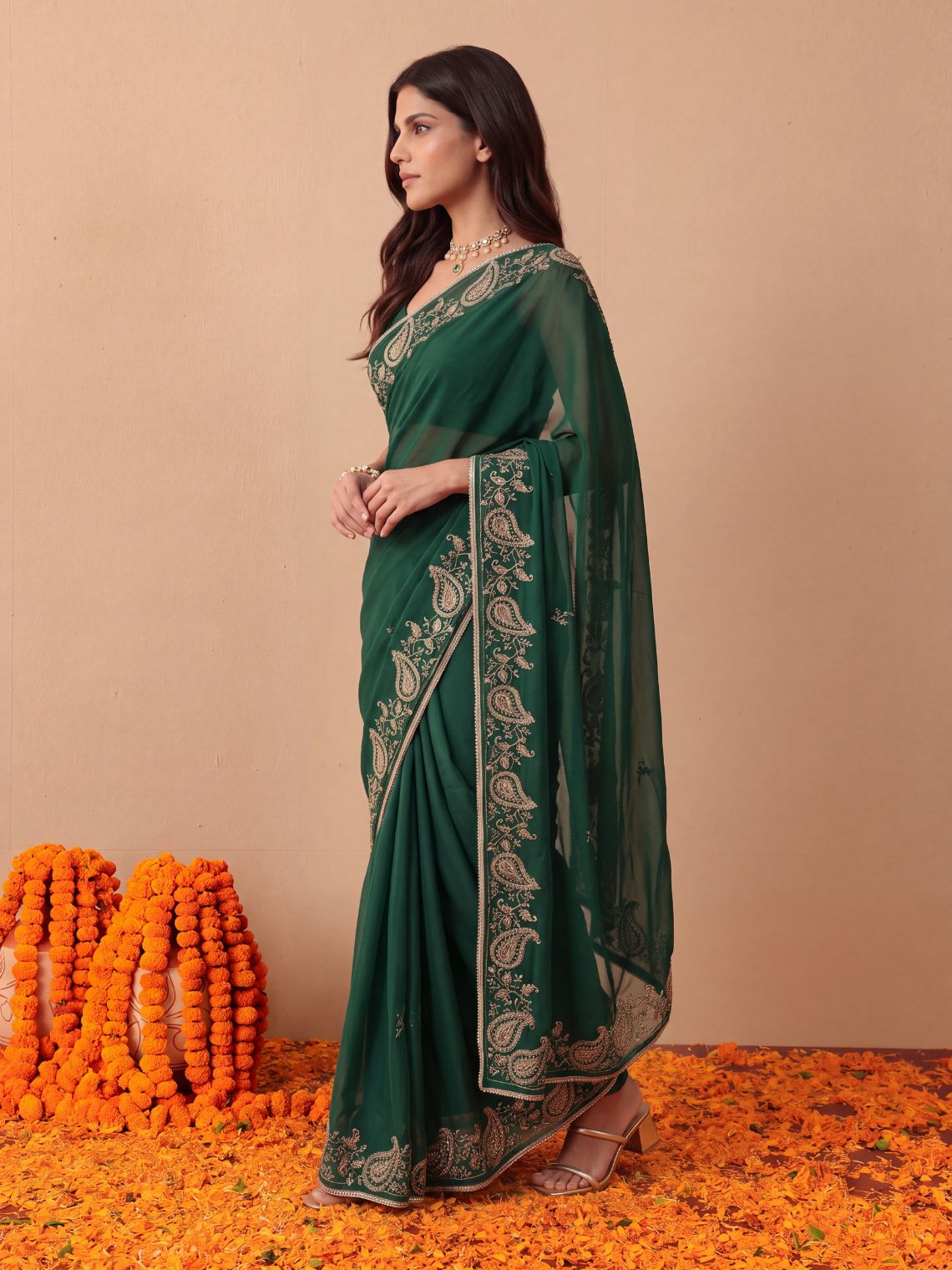 Avani Hand Embroidered Zari Work Chiffon Saree with Blouse Piece - Chowkhat Lifestyle