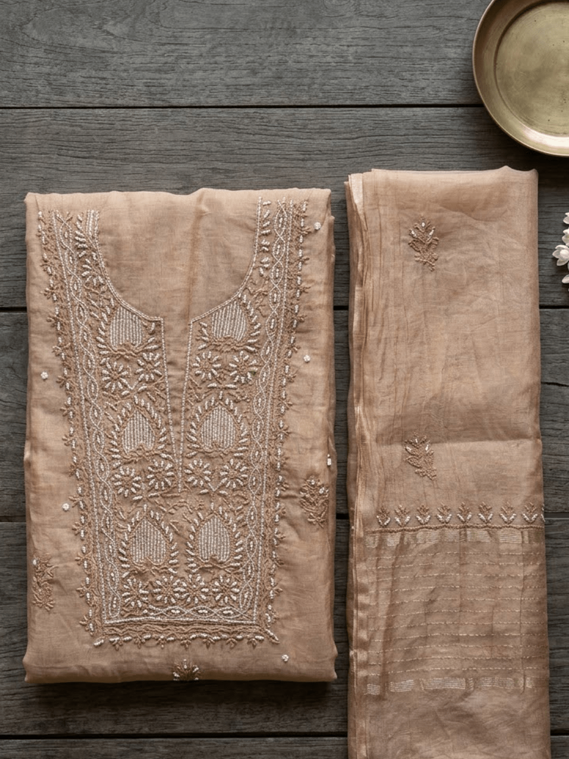 Sreeja Hand Embroidered Chikankari Mul Chanderi Unstitched Suit set - Chowkhat Lifestyle