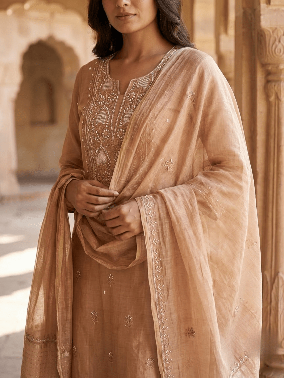 Sreeja Hand Embroidered Chikankari Mul Chanderi Unstitched Suit set - Chowkhat Lifestyle