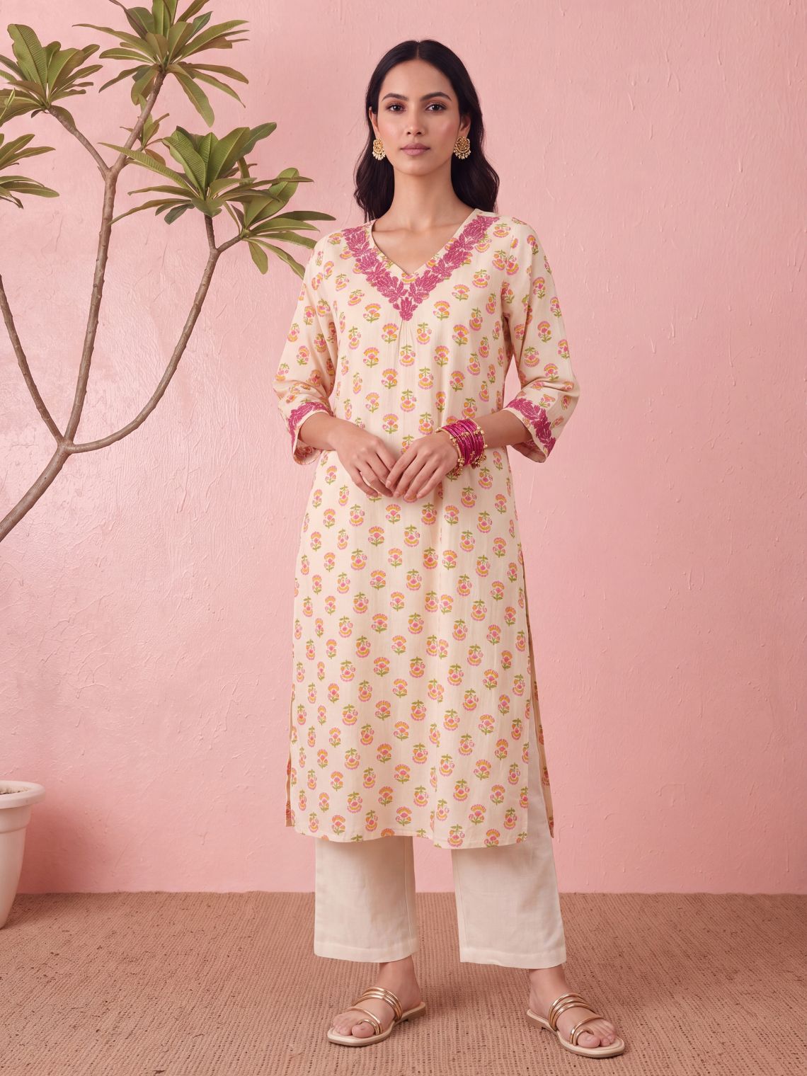 Naisha Straight Long Chikankari Cotton Kurta with Pocket - Chowkhat Lifestyle