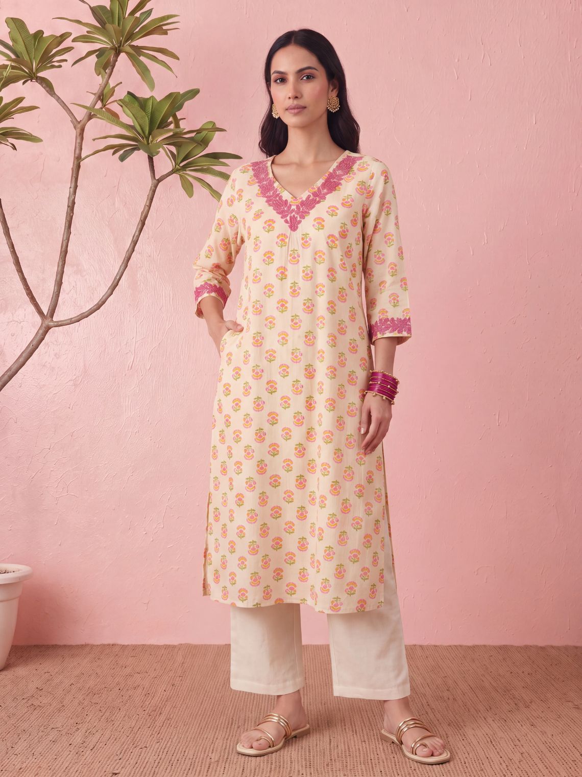 Naisha Straight Long Chikankari Cotton Kurta with Pocket - Chowkhat Lifestyle