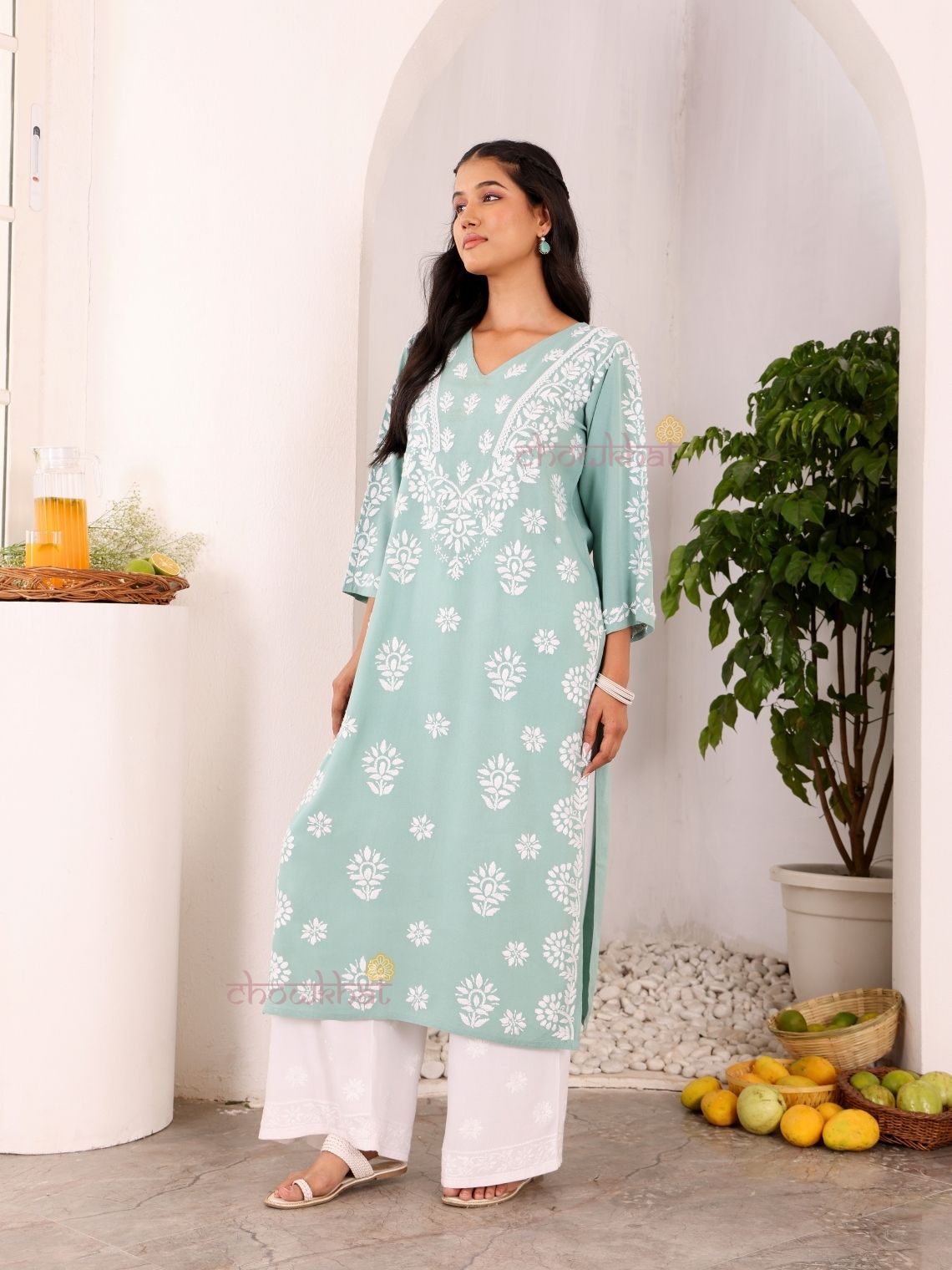 Navya Rayon Straight Chikankari Kurti with Lace - Chowkhat Lifestyle