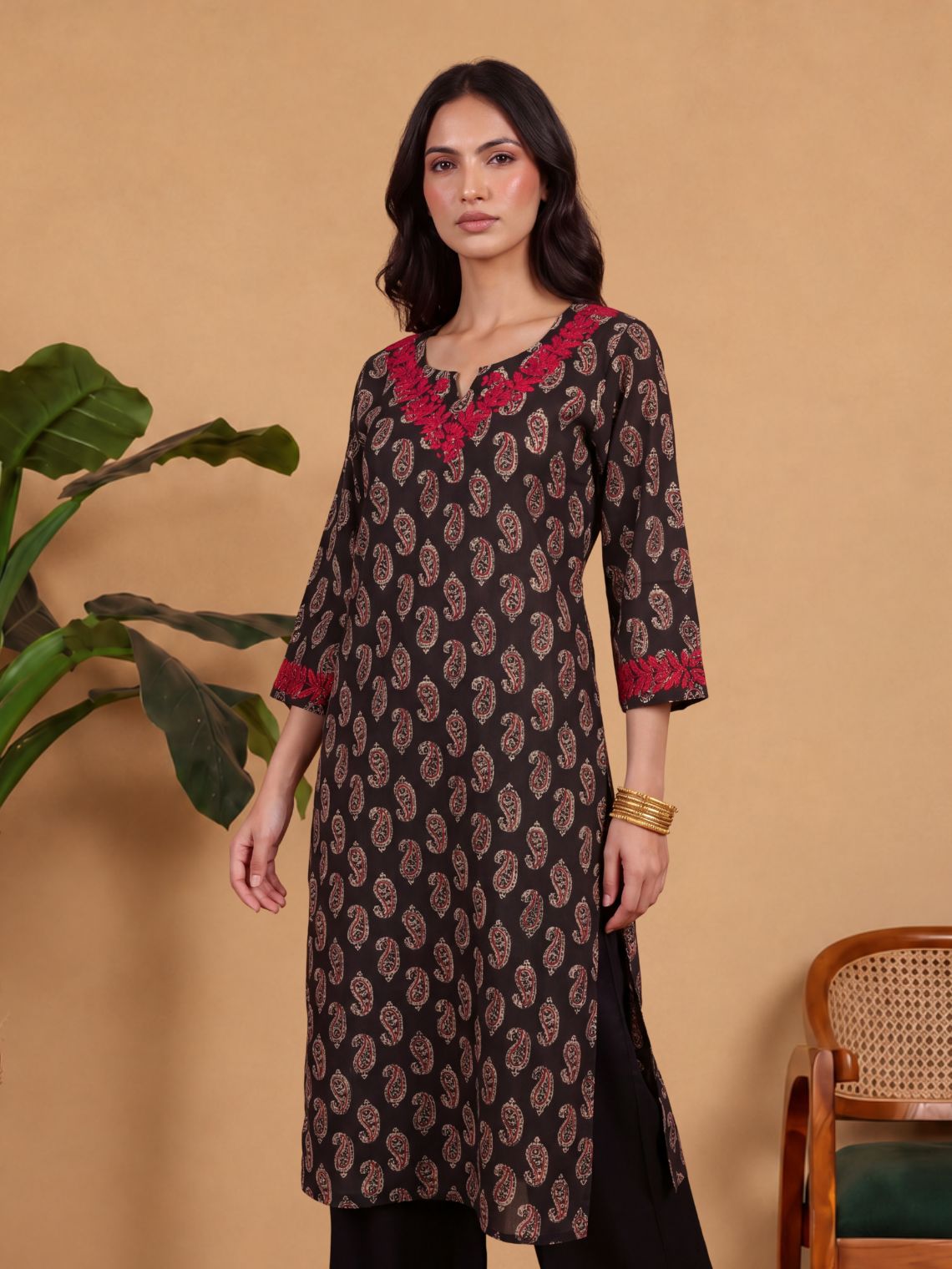 Ambika Straight Long Chikankari Cotton Kurta with Pocket - Chowkhat Lifestyle