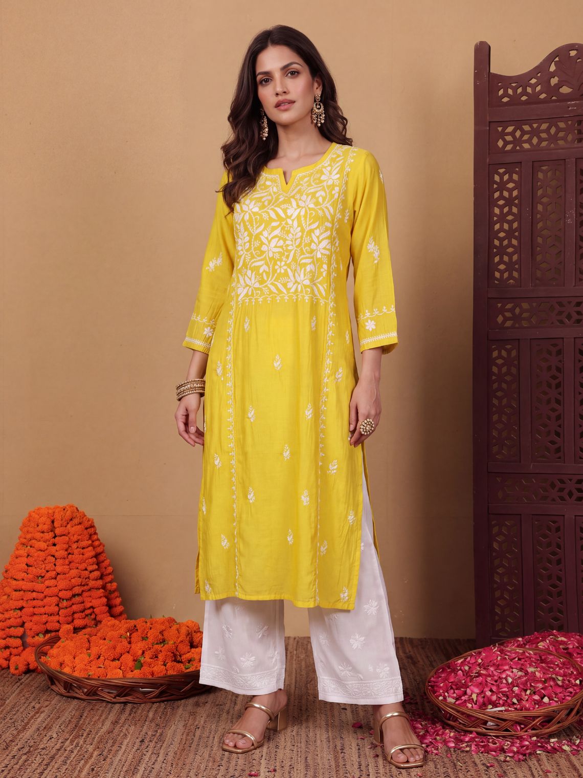 Naina Premium Roman Silk Long Hand Embroidered Chikankari Kurti - Chowkhat Lifestyle