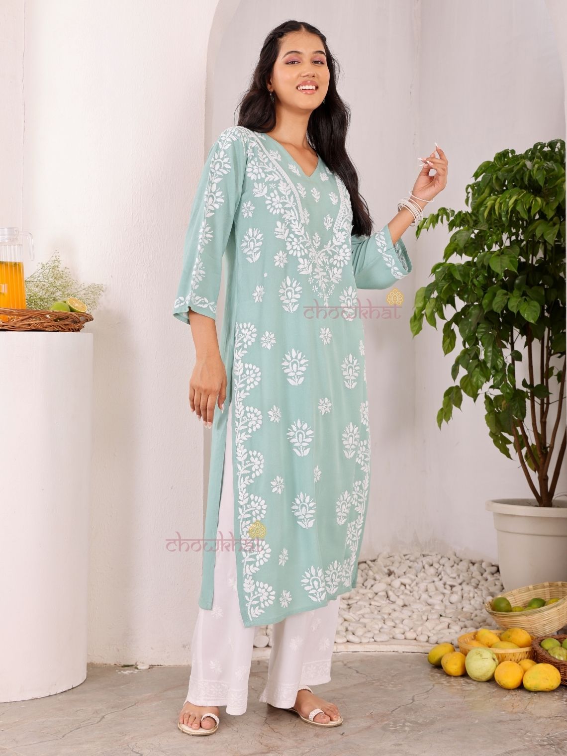 Navya Rayon Straight Chikankari Kurti with Lace - Chowkhat Lifestyle