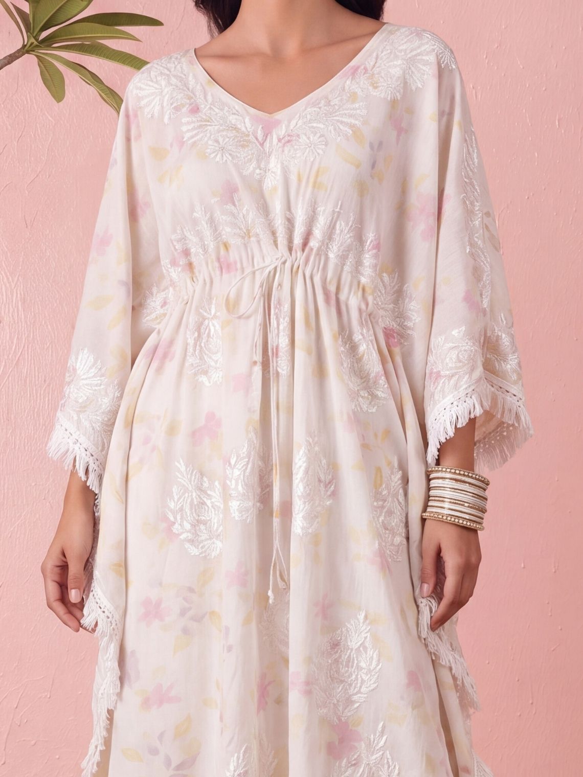 Vrinda Mul Cotton Long Chikankari Kaftan - Chowkhat Lifestyle