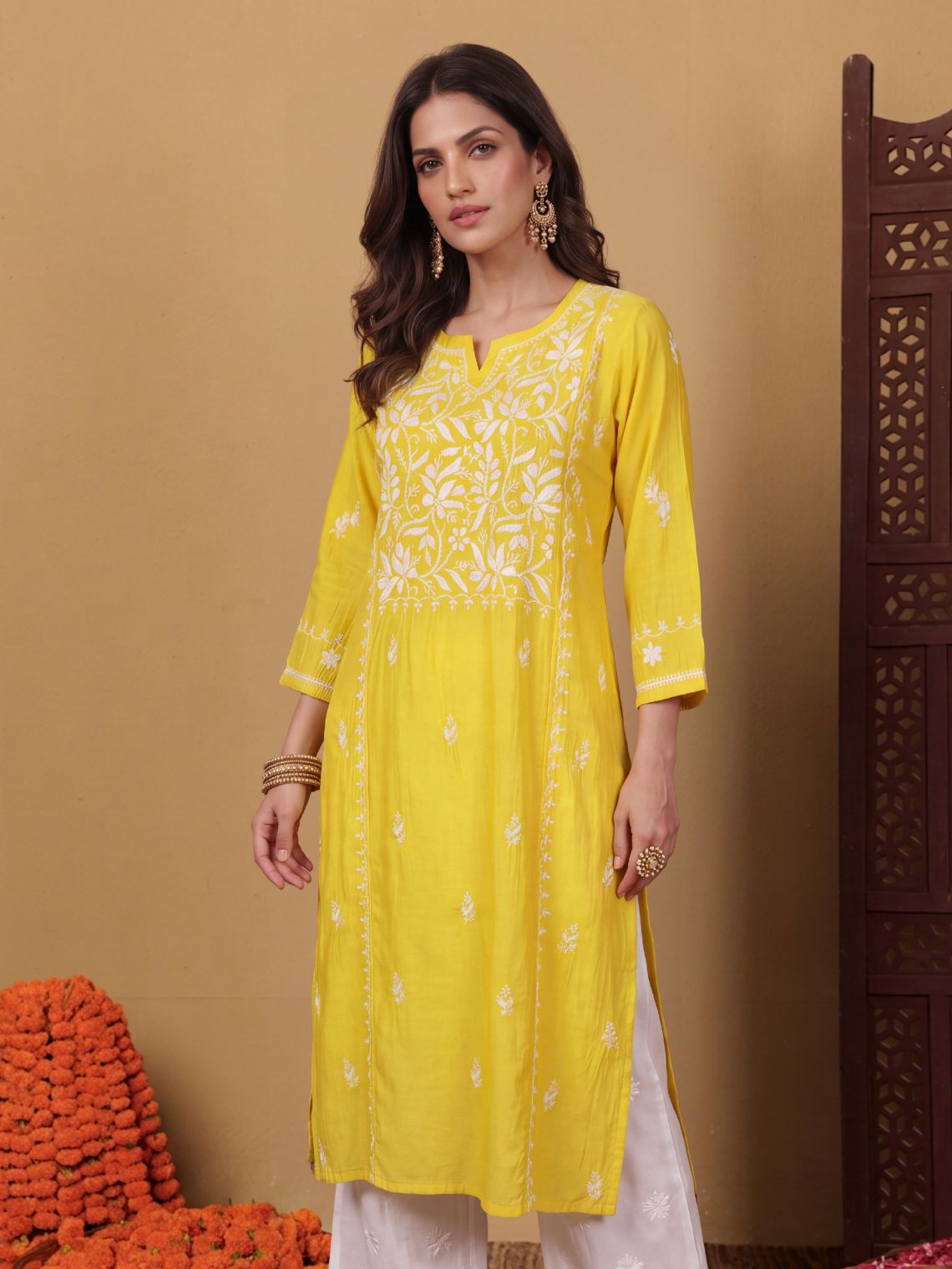 Naina Premium Roman Silk Long Hand Embroidered Chikankari Kurti - Chowkhat Lifestyle