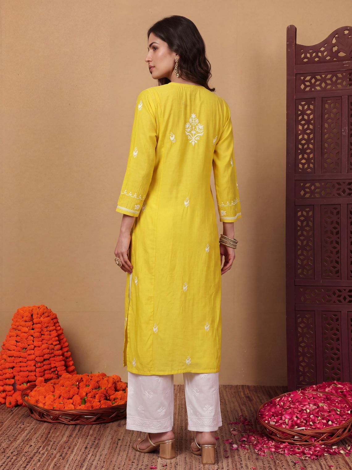 Naina Premium Roman Silk Long Hand Embroidered Chikankari Kurti - Chowkhat Lifestyle