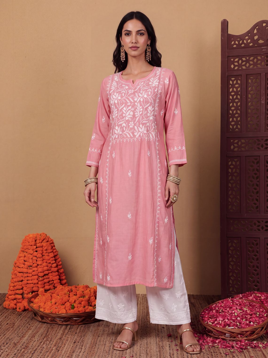 Naina Premium Roman Silk Long Hand Embroidered Chikankari Kurti - Chowkhat Lifestyle