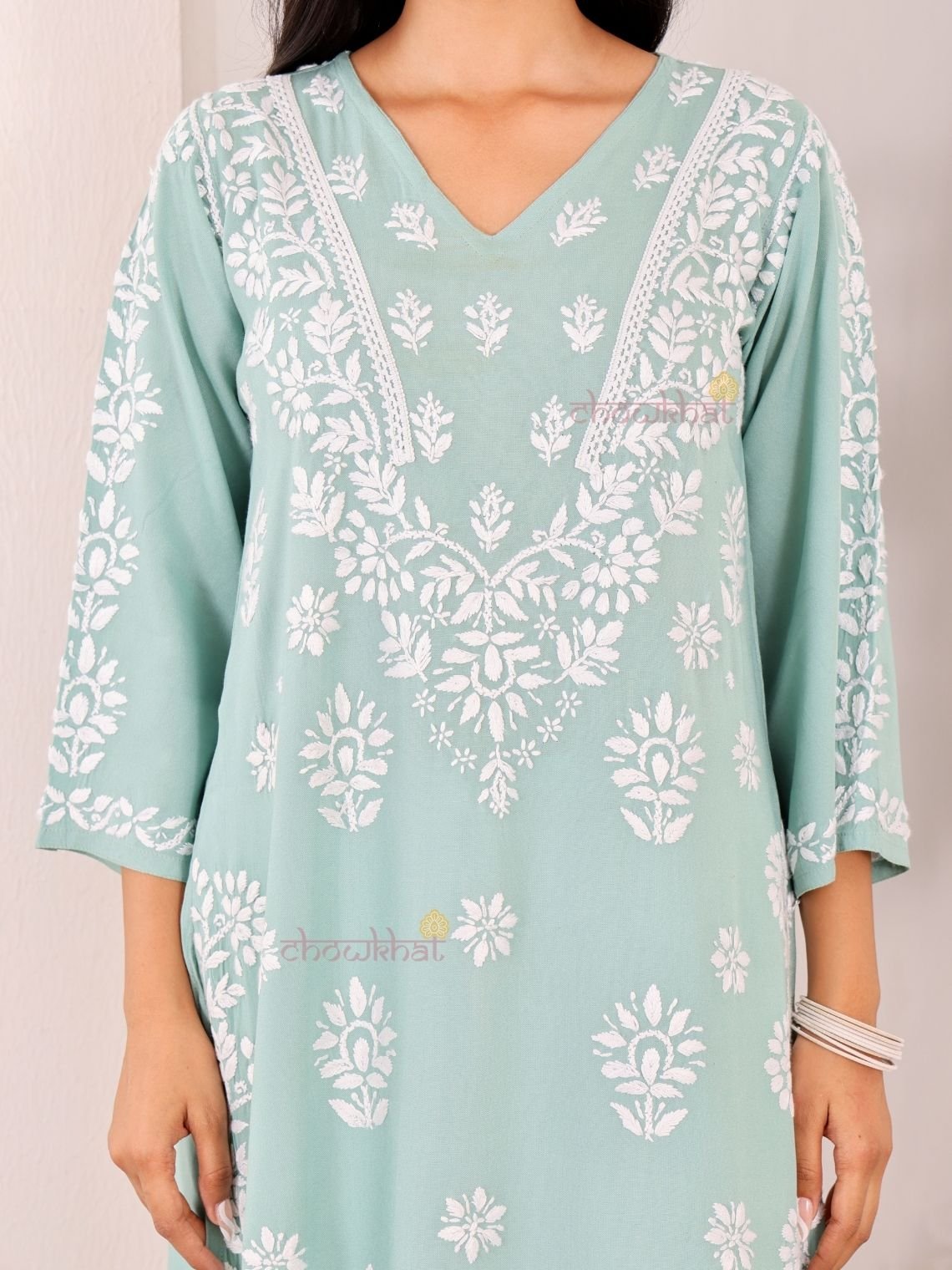 Navya Rayon Straight Chikankari Kurti with Lace - Chowkhat Lifestyle