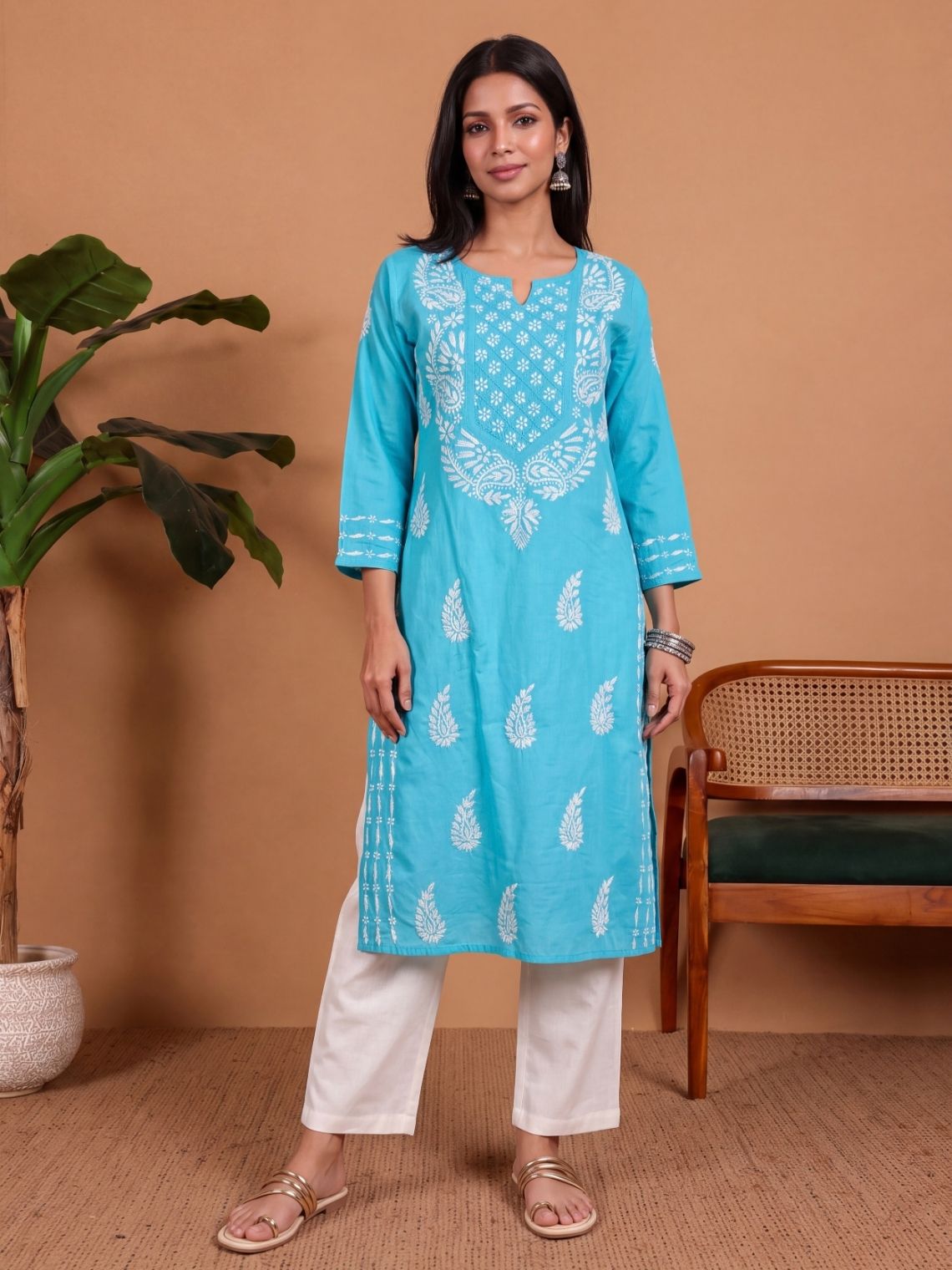 Rozana Cotton Chikankari Long Kurti - Chowkhat Lifestyle