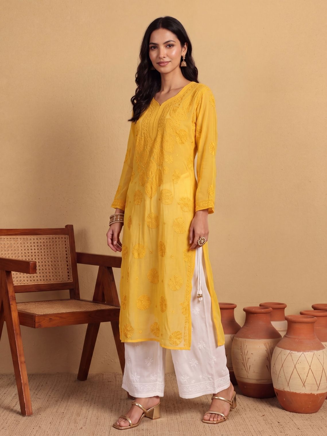 Manvi Georgette Long Chikankari Kurti - Chowkhat Lifestyle