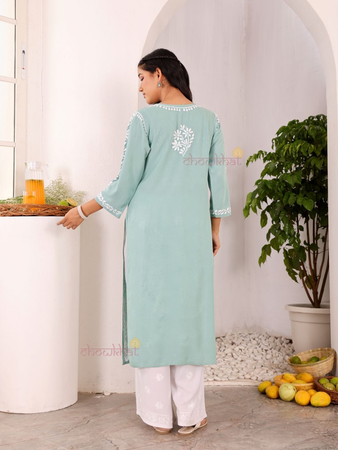 Navya Rayon Straight Chikankari Kurti with Lace - Chowkhat Lifestyle