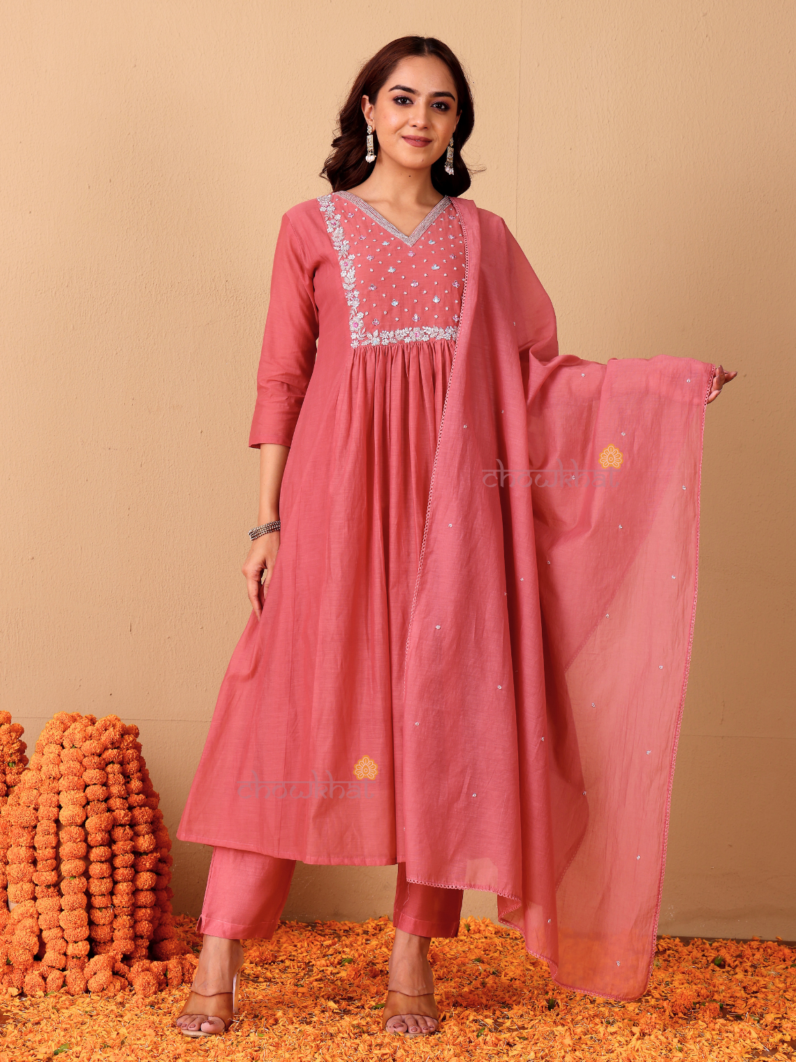 Rhea Mul Chanderi 3 Piece Nyra Style Stitched Suit Set with Adda Work