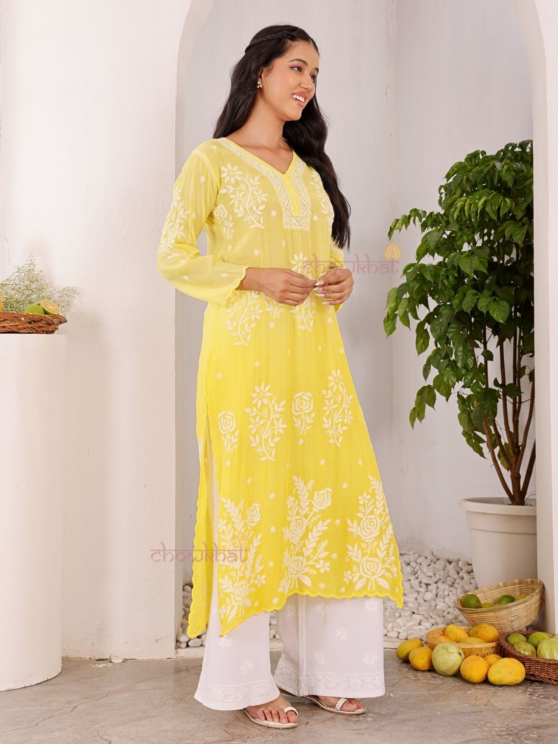 Rooh Premium Muslin Long Chikankati Scalloped Kurti - Chowkhat Lifestyle